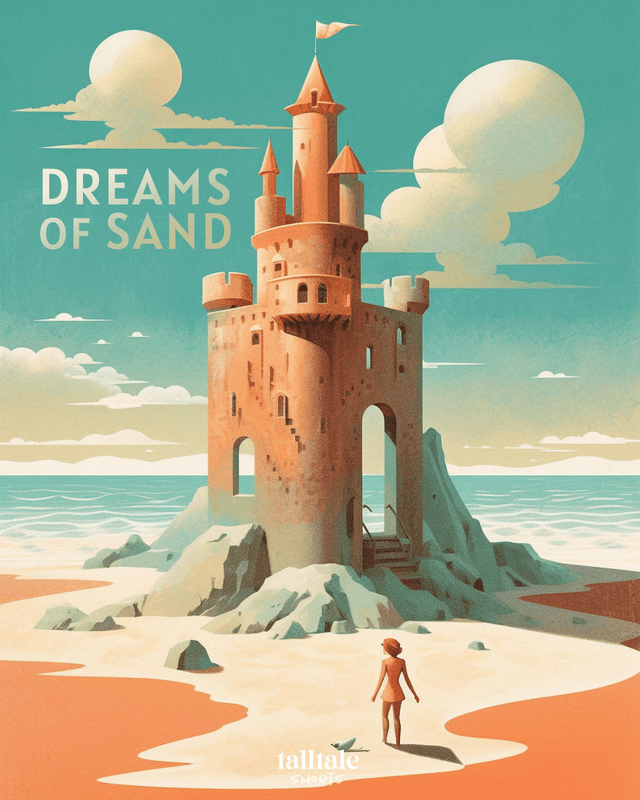 Dreams of Sand Cover — girl on a beach with a magical sand castle behind her