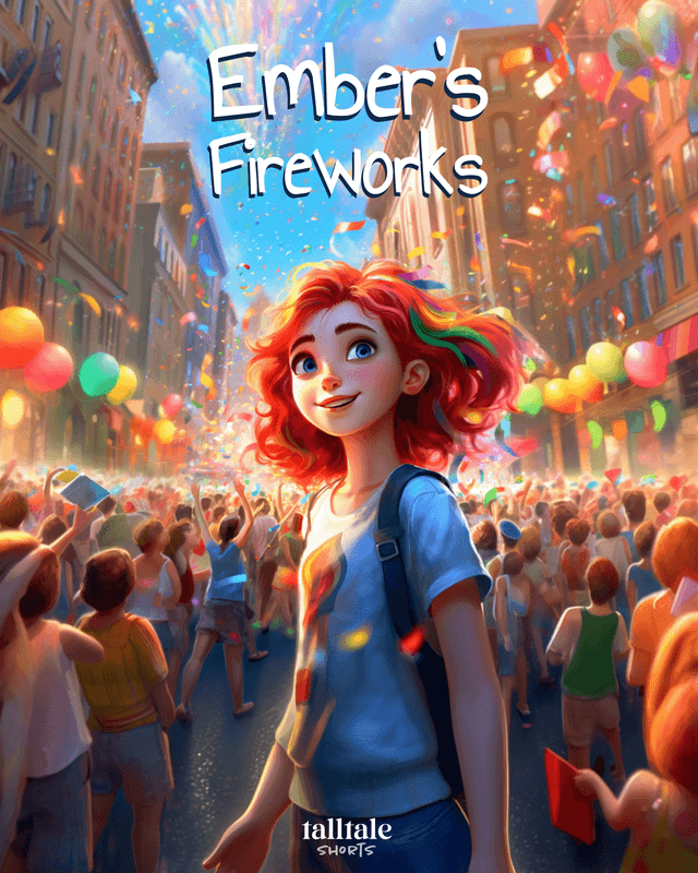 Ember's Fireworks cover, a young girl with colorful hair standing in a crowd