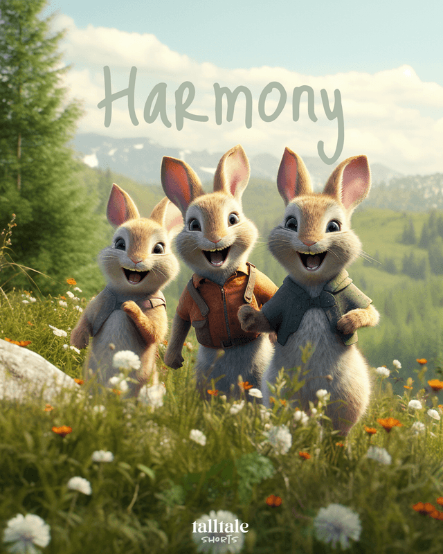 Harmony cover, three sibling rabbits in the middle of a meadow with wildflowers