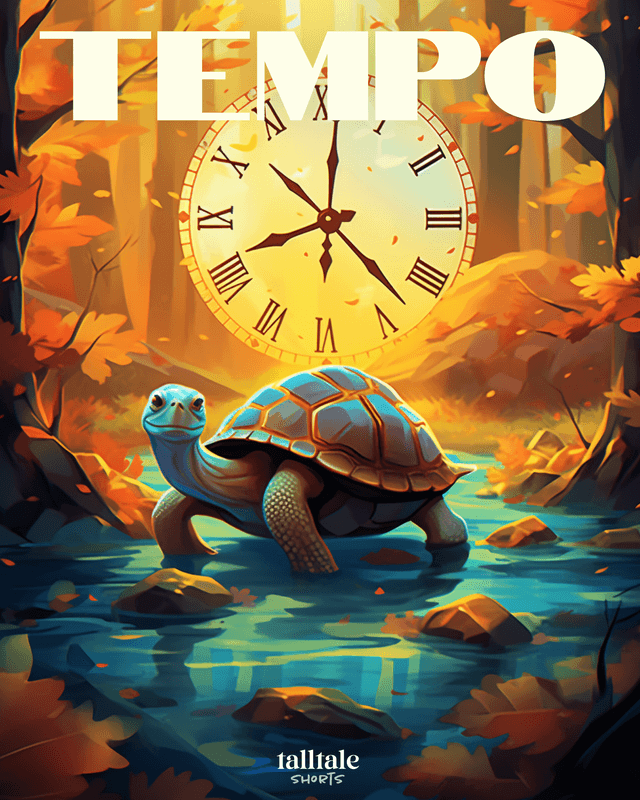 Tempo Cover, a turtle standing in the woods, in the background is a transparent clock