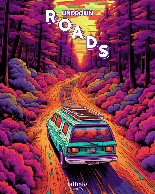 A station wagon driving through colorful vibrant woods