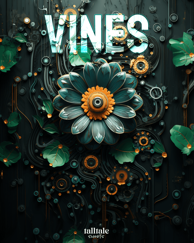 Vines story cover, a deep green, futuristic flower over metal