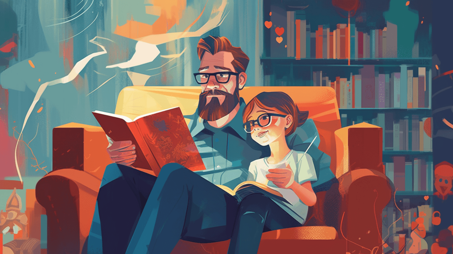 Illustration of a father and daughter sitting on a couch reading a book aloud